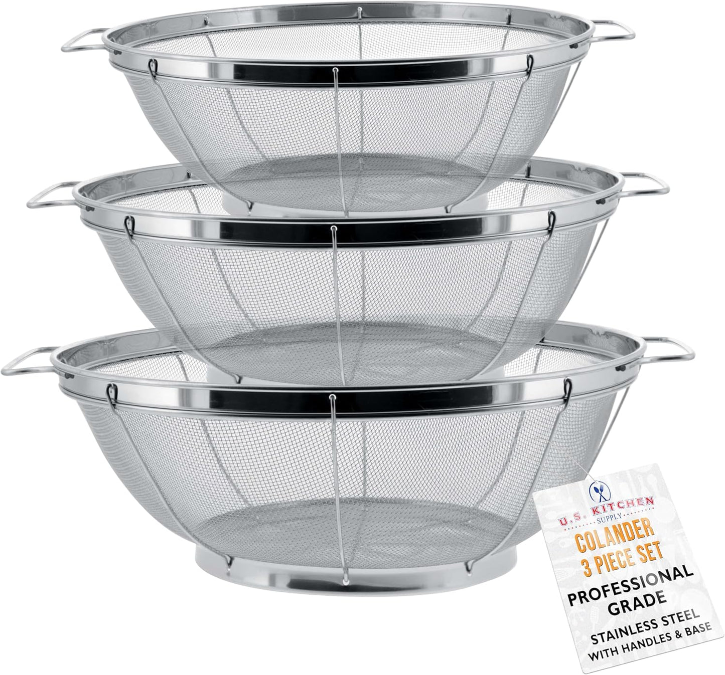 U.S. Kitchen Supply Set of 3 Stainless Steel Colander Strainers Net Baskets 5, 4, & 3-Quart - Colander with Handles & Resting Base - Stainless Steel Sieve, Mesh Strainers and Colanders for Kitchen