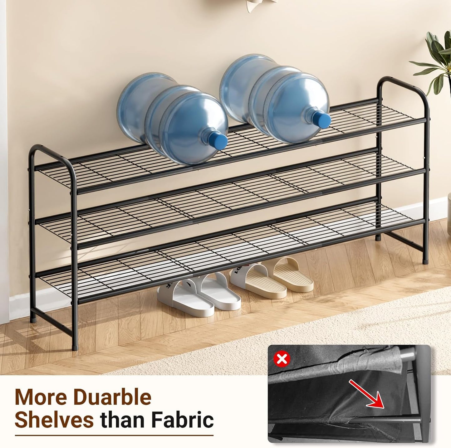 KEETDY 3-Tier Long Shoe Rack for Closet Metal Shoe Organizer for Entryway, Wide Stackable Shoe Storage Shelf with Sturdy Wire Grid for Closet Floor, Bedroom, Black