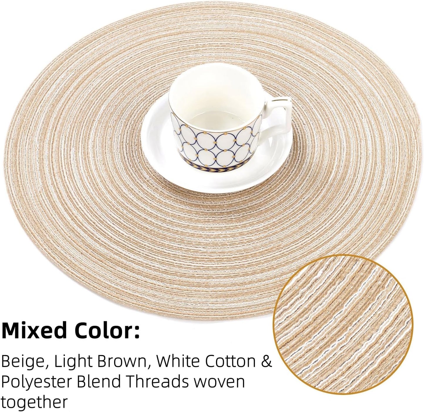 SHACOS 15 inch Round Braided Placemats Set of 6 Cotton Polyester Place Mats Non Slip Heat Resistant Washable Table Mats for Kitchen Dining Party Table Decor (Beige, 6)