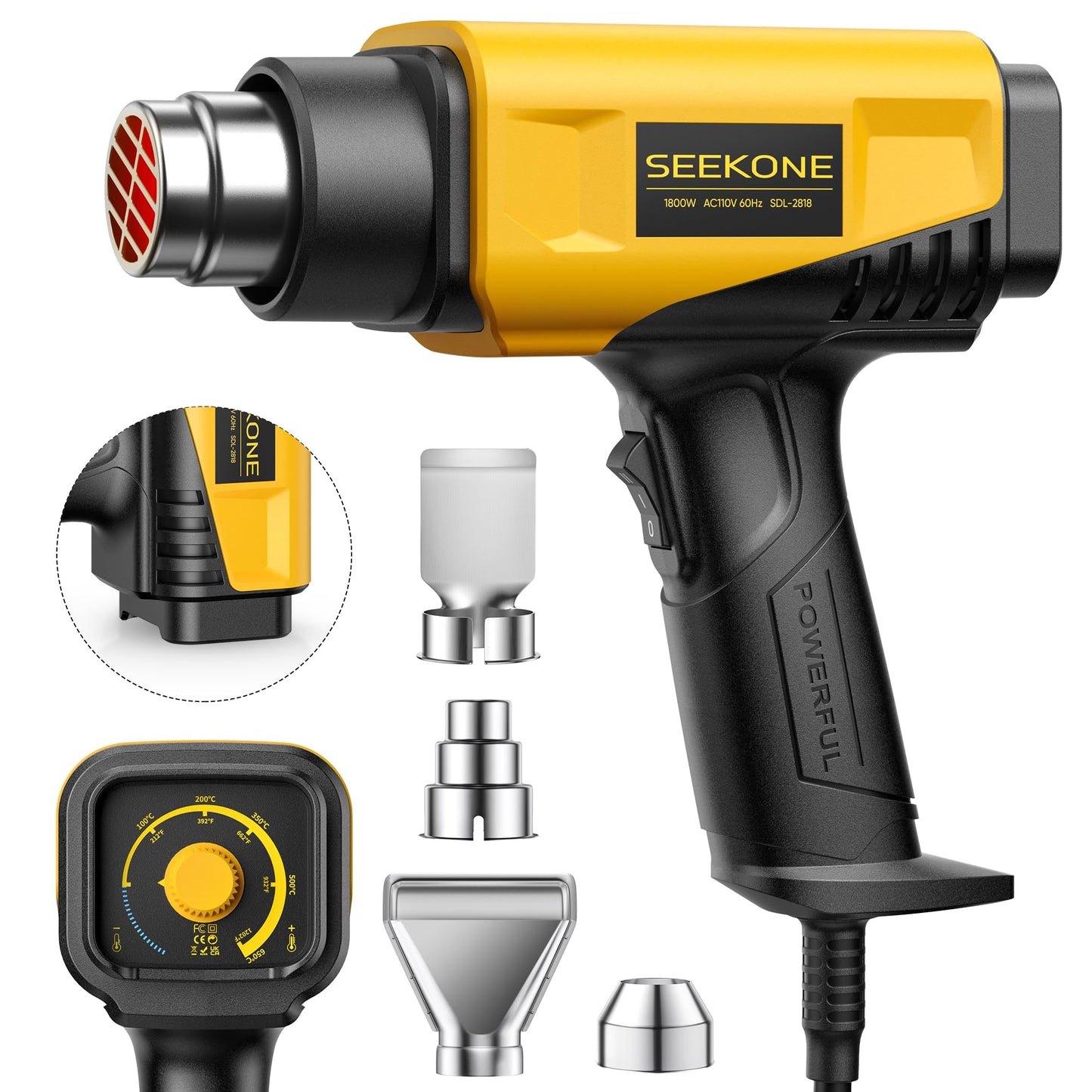 SEEKONE 1800W Heat Gun Compact Design Heavy Duty Hot Air Gun 122℉-1202℉(50℃- 650℃)Variable Temperature Control for 2 Speed Settings with 4 Nozzels for Crafts, Vinyl Wrap, Shrink Tubing