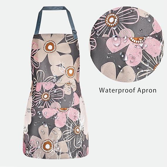 DILLMAN 2 Pack Floral Aprons with Pocket Blooming Womens Waterproof Adjustable Cooking Aprons Kitchen Gardening Salon