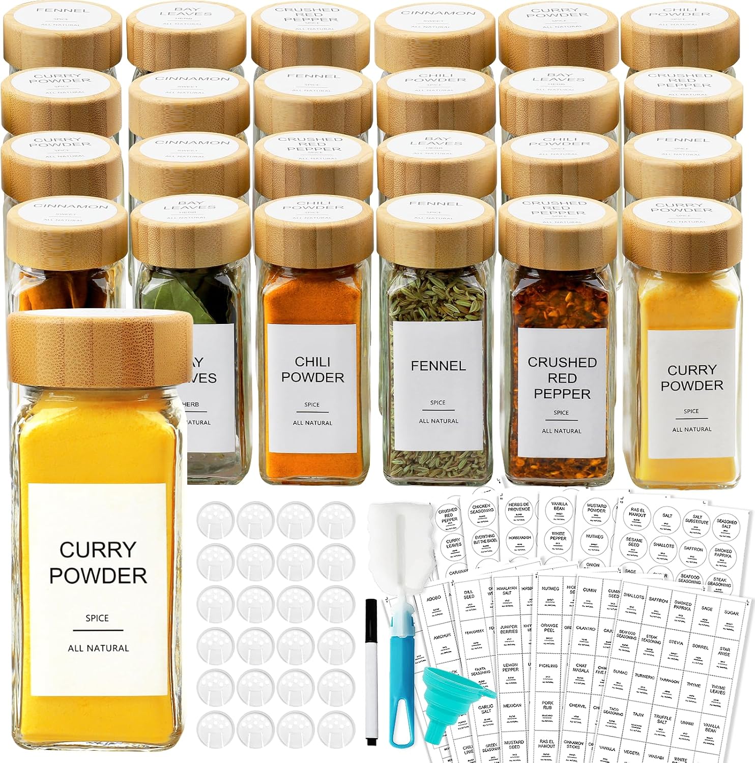 AISIPRIN Glass Spice Jars with 398 Labels, 24 pcs 4oz Spice Containers ...