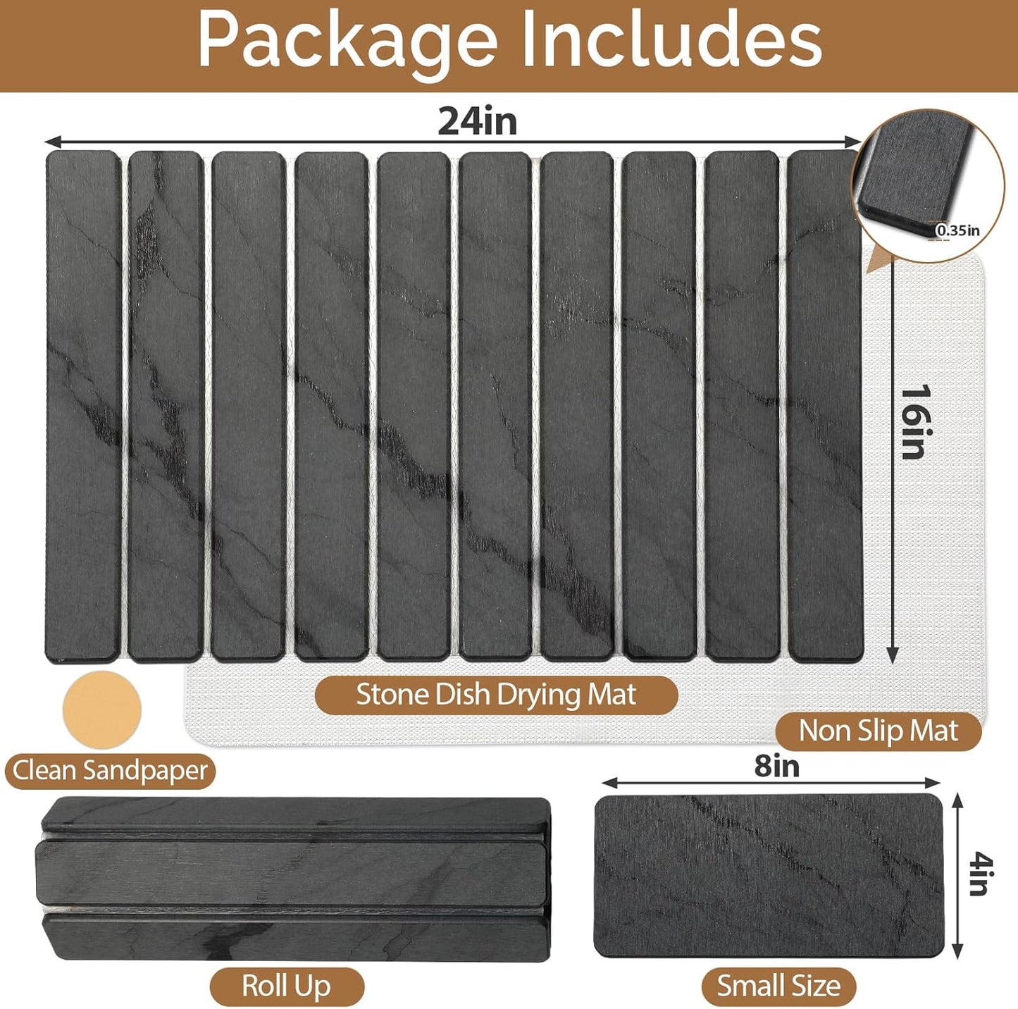 Large Stone Dish Drying Mat for Kitchen Counter,2 PCS Quick Dry Stone Dishes Mats,Foldable Water Absorbing Diatomaceous Earth Drying Pad for Countertop Bottles Utensils Cups(Dark Gray 24"×16" & 8"x4")