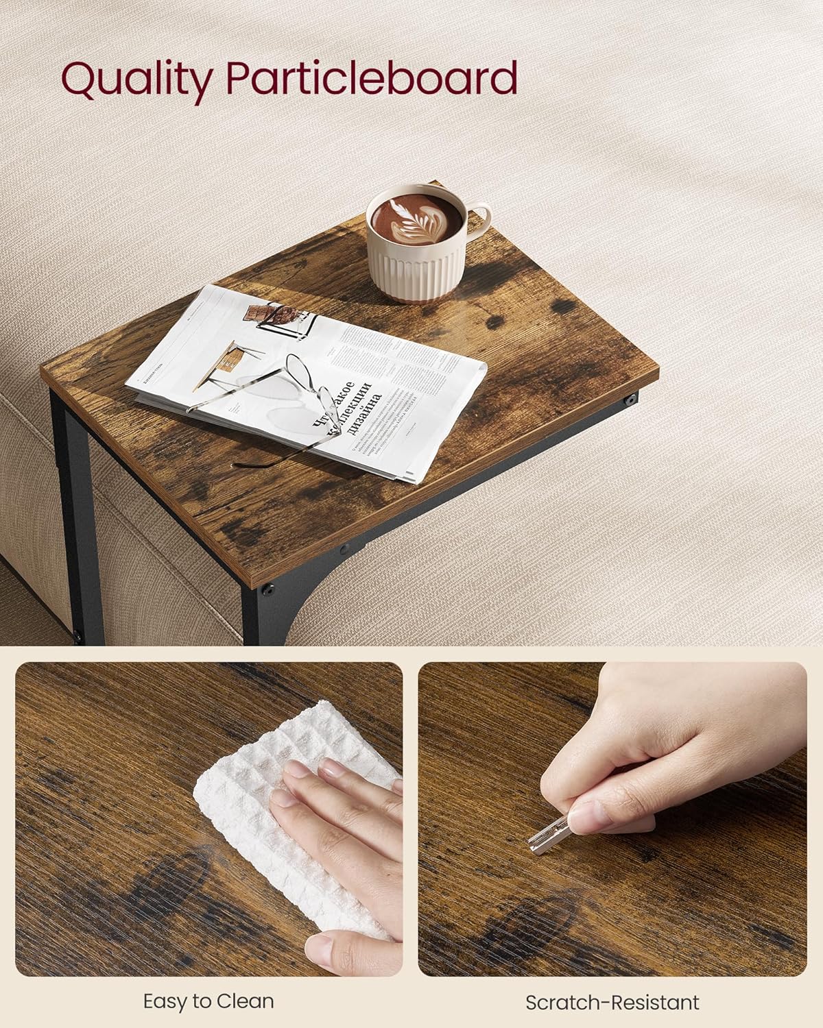 VASAGLE C-Shaped End Table, Small Side Table for Couch, Sofa Table with Metal Frame for Living Room, Bedroom, Bedside, Rustic Brown and Black