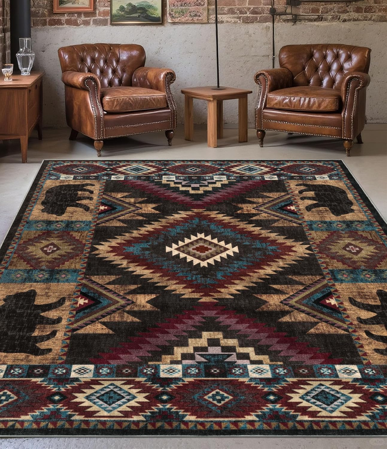 YIHOUSE Rustic Cabin Area Rug for Bedroom 5x7,Machine Washable Lodge Bear Rug,Non-Slip Low Pile Print Pattern Western Rug for Living Room