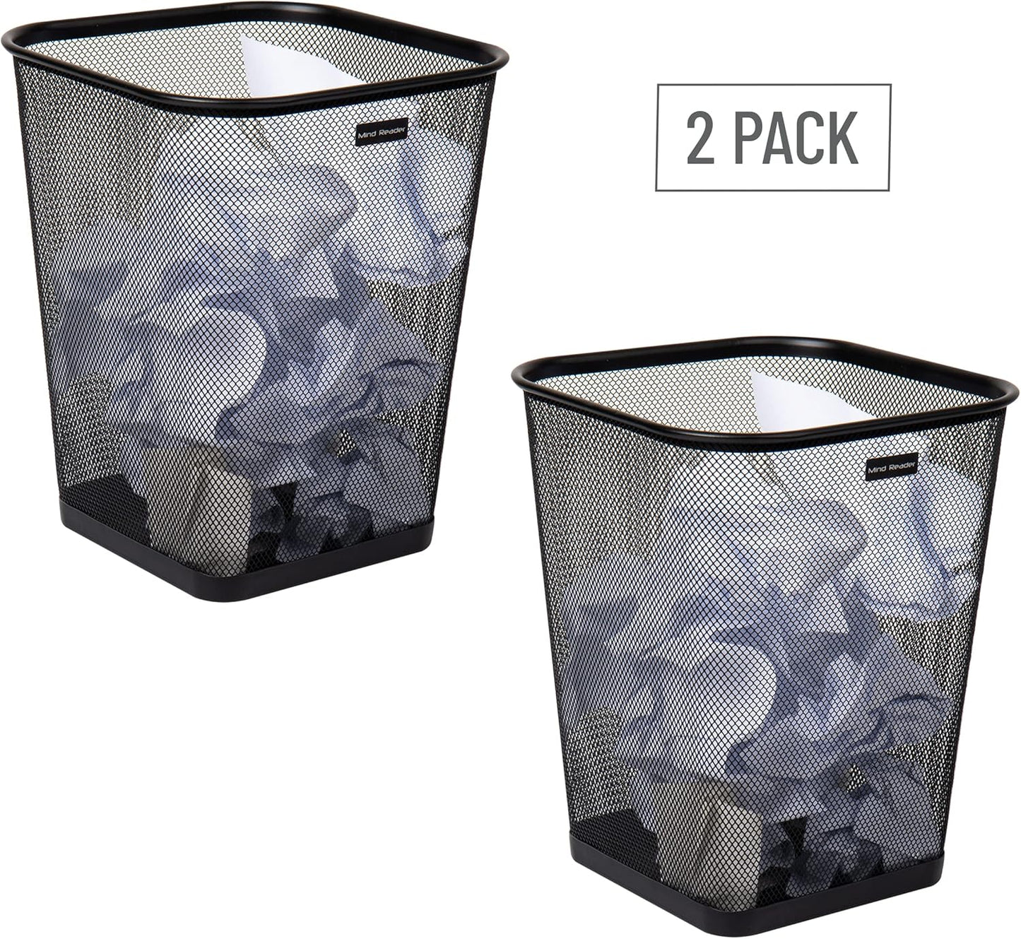 Mind Reader Mesh Trash Can, Waste Paper Basket, Square, Office, Metal Mesh, 9.75"L x 9.75"W x 12.25"H, Set of 2, Black