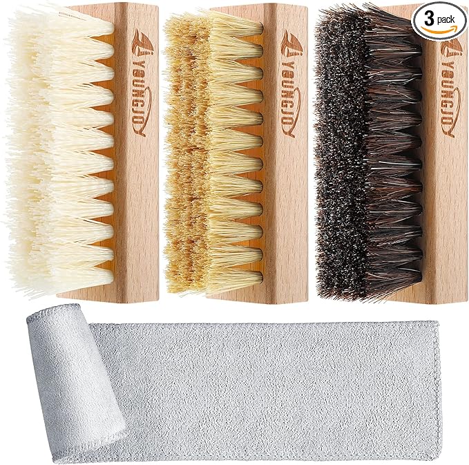 YoungJoy 3 Pieces Dual Sided Sneaker Shoe Cleaner Brush Set Shoes Clean Brush Kit Both Boar and Plastic Bristles with Microfiber Cloth (B)