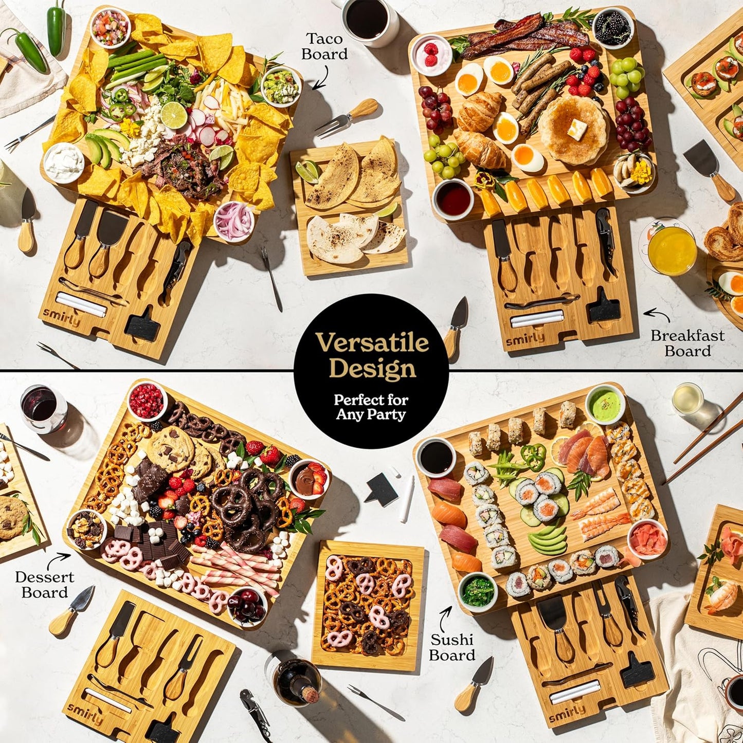 SMIRLY Charcuterie Boards Set - Large Bamboo Cheese Board Set - House Warming Gifts New Home, Wedding Gift for Couple, Bridal Shower Gift, Birthday Gifts for Women