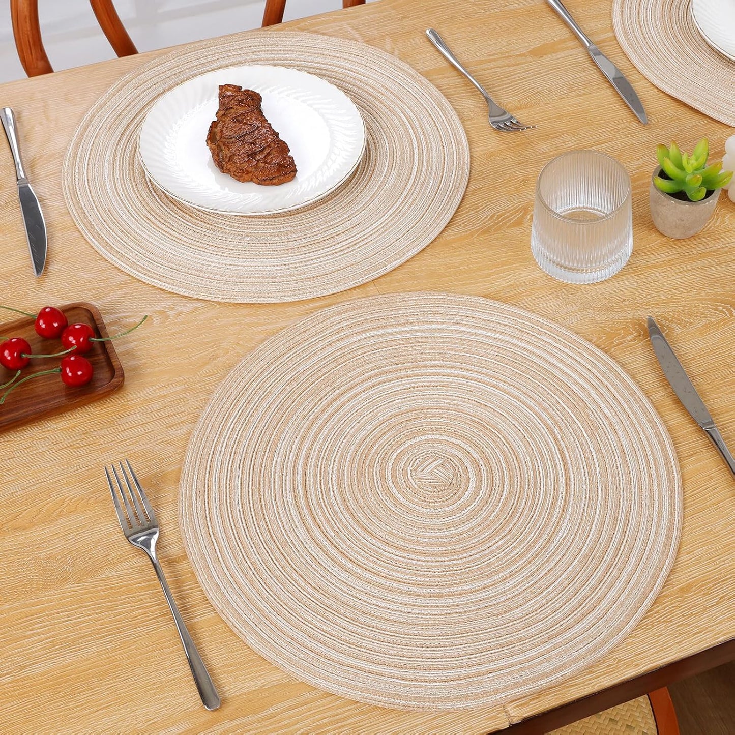 SHACOS 15 inch Round Braided Placemats Set of 6 Cotton Polyester Place Mats Non Slip Heat Resistant Washable Table Mats for Kitchen Dining Party Table Decor (Beige, 6)