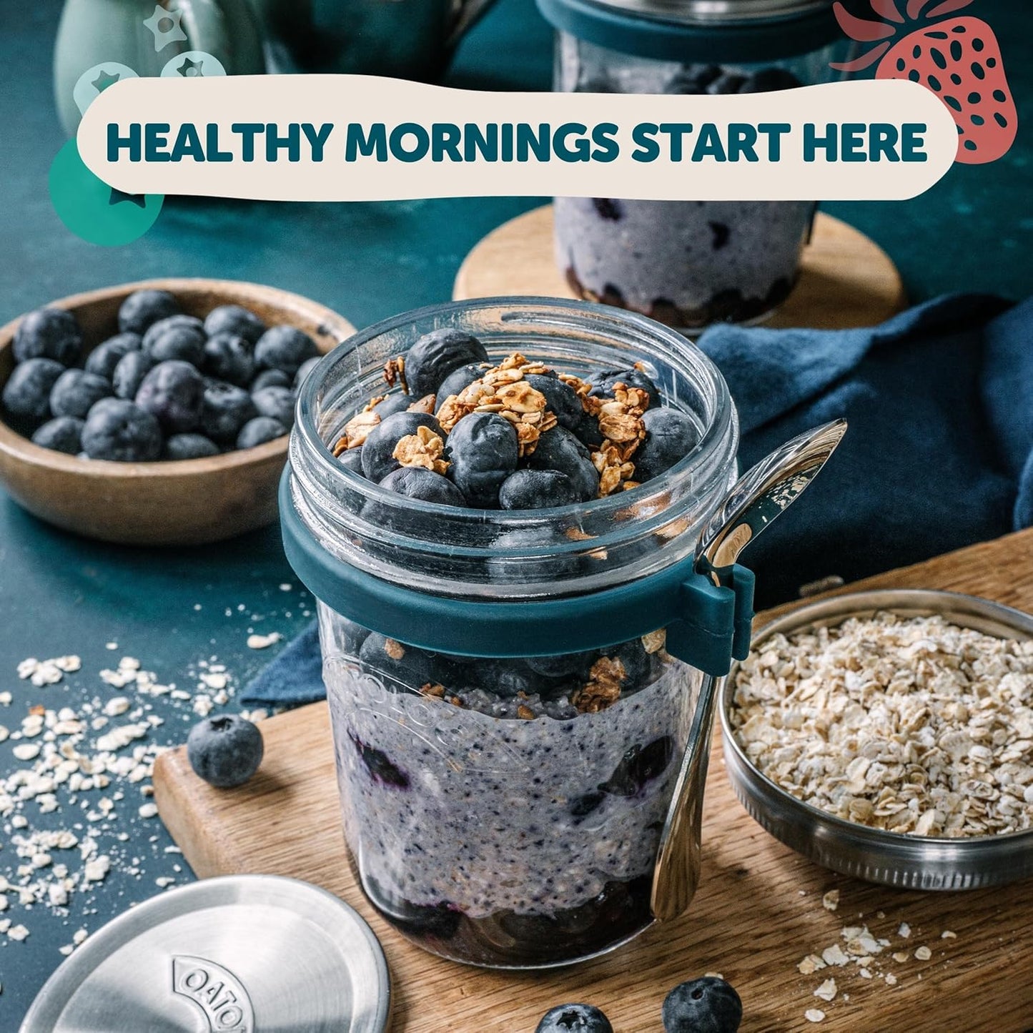 OATOLOGY Overnight Oats Containers with Lids & Spoons - Stainless Steel Lid Leakproof Glass Jars for Chia Pudding & Yogurt for Healthy Breakfast On-the-Go - 16oz Set with Unique Milk Line - 2 Pack