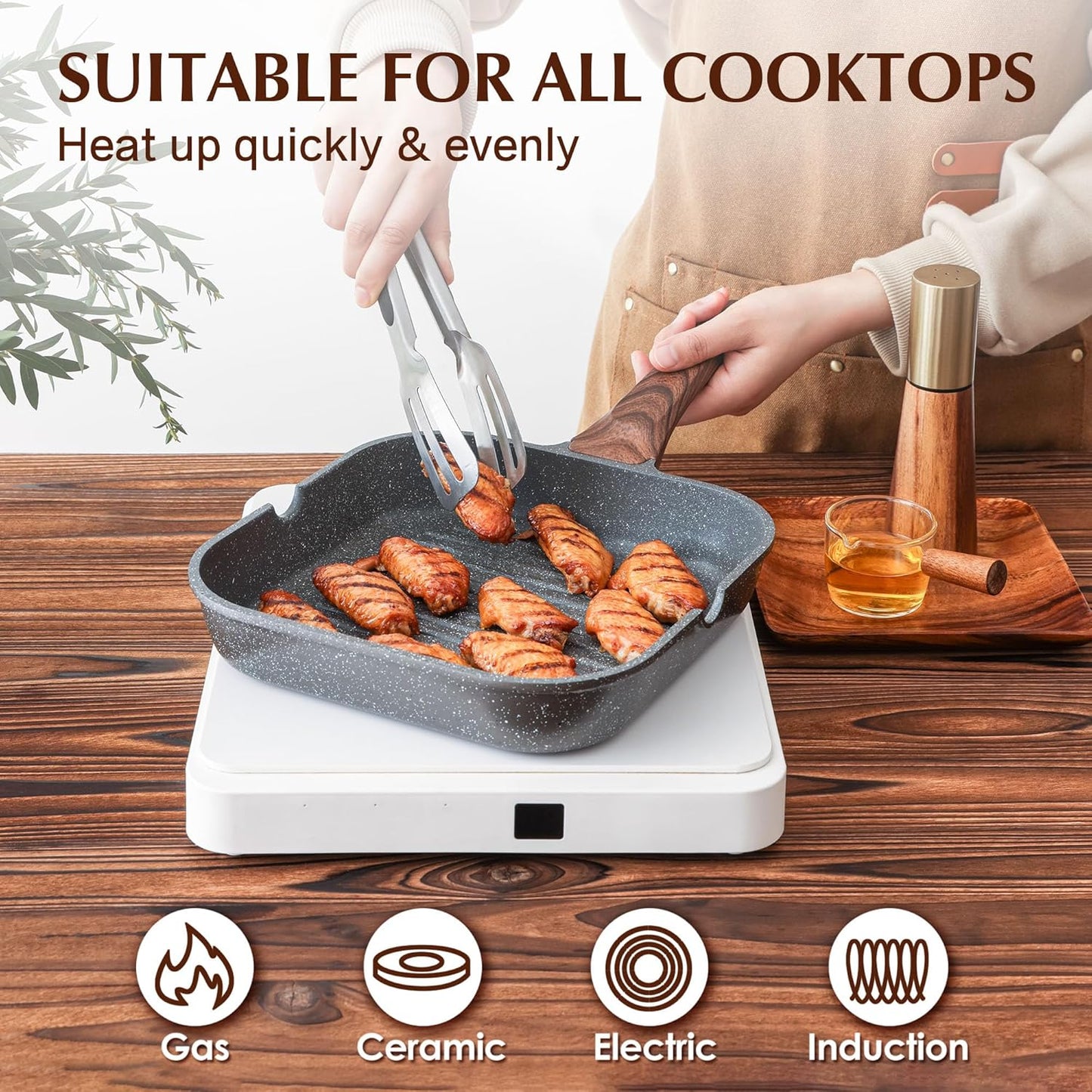 SENSARTE Nonstick Grill Pan for Stove Tops, Versatile Griddle with Pour Spouts, Square Big Cooking Surface, Durable Skillet Indoor & Outdoor Grilling. PFOA Free, 9.5 Inch