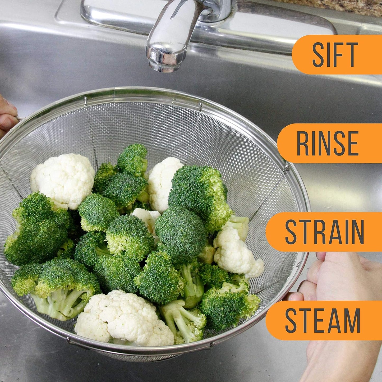 U.S. Kitchen Supply Set of 3 Stainless Steel Colander Strainers Net Baskets 5, 4, & 3-Quart - Colander with Handles & Resting Base - Stainless Steel Sieve, Mesh Strainers and Colanders for Kitchen