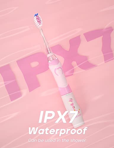 SEAGO Kids Electric Toothbrush with 2 Mins Brushing Timer and 4 Replacement Brush Heads, Rainbow LED Light Makes Brushing Fun, Boys Battery Powered Toothbrush for 4-12 Years Old，SG-977（Pink）