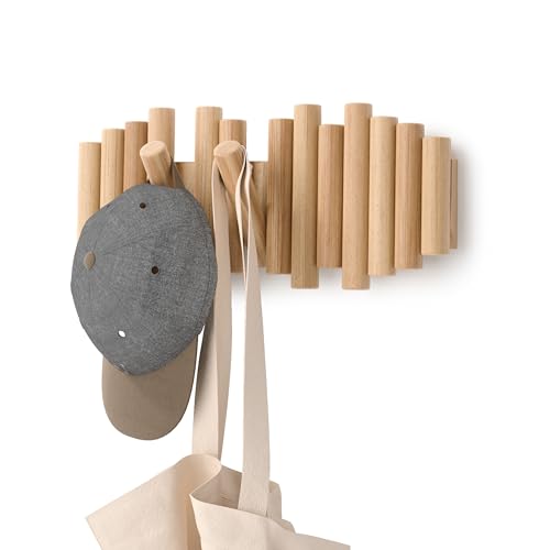 Umbra Picket Coat Rack Wall Mount – 5 Flip-Down Wood Coat Hooks, Modern & Functional Storage, Easy Install Wall Hooks, Natural