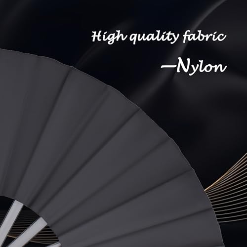 2 Pack Large Folding Hand Fan, Black Chinese Kung Fu Tai Chi Fan Nylon-Cloth Fan For Men And Women Performance, Dance, Decorations, Festival, Gift (Folding fan black 2p)