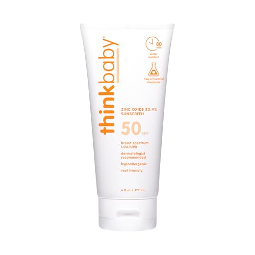 Thinkbaby SPF 50+ Baby Sunscreen, 6 Oz. – Safe, Natural Mineral Sun Cream for Babies - Water Resistant, Broad Spectrum UVA/UVB Sun Protection – Vegan Sunscreen for Kids