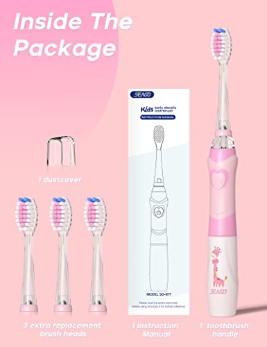 SEAGO Kids Electric Toothbrush with 2 Mins Brushing Timer and 4 Replacement Brush Heads, Rainbow LED Light Makes Brushing Fun, Boys Battery Powered Toothbrush for 4-12 Years Old，SG-977（Pink）