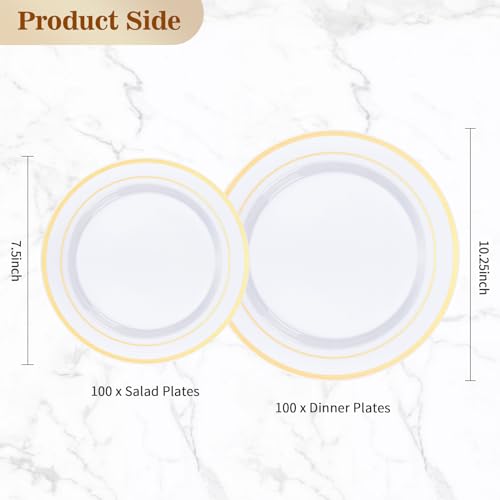 BESTVIP 200PCS Gold Plastic Plate, Disposable Party Plates with 100 Dinner Plates and 100 Dessert Plates, Plastic Plates for Party, Wedding and Birthday