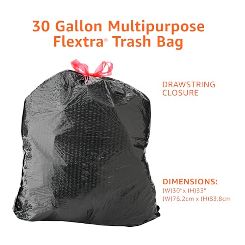 Basics 30 Gallon Flextra Strength Multipurpose Drawstring Trash Bags, 20% Post Consumer Recycled Material, Tear Resistant, Black, 50 Count