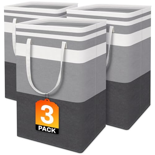 BlissTotes 3-Pack Laundry Basket, Freestanding＆Waterproof Laundry Hamper, Collapsible Tall Clothes Hamper with Easy Carry Handles for Clothes, Towels in the Family and Dorm,Gradient Grey,75L