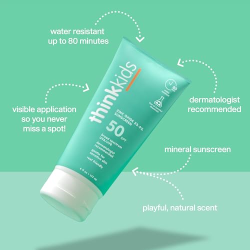 Thinkkids SPF 50+ Mineral Sunscreen, 6 Fl Oz – Safe, Natural Baby Mineral Sunscreen for Children - Water Resistant Sun Cream – Broad Spectrum UVA/UVB Sun Protection – Reef Safe