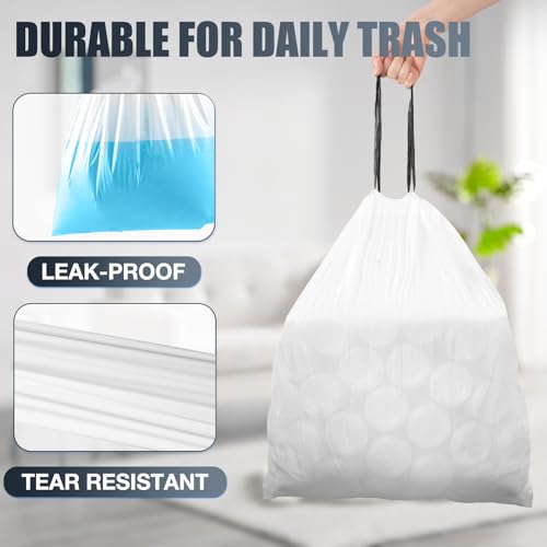 Drawstring 8 Gallon Trash Bags - 100 Count Pre-separated Medium Trash Bags 8 Gallon, Unscented White 8 Gal Garbage Bags