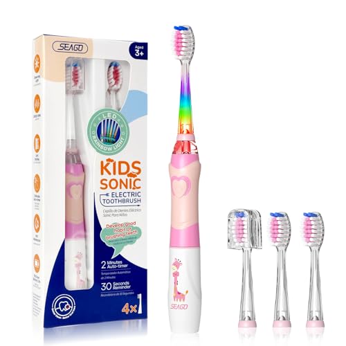 SEAGO Kids Electric Toothbrush with 2 Mins Brushing Timer and 4 Replacement Brush Heads, Rainbow LED Light Makes Brushing Fun, Boys Battery Powered Toothbrush for 4-12 Years Old，SG-977（Pink）