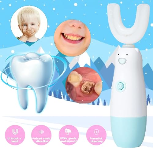 Meqtpomy Kids Electric Toothbrush，Toddler Toothbrush Waterproof Battery Powered 360 Automatic Sonic u Shaped Toothbrushes for 2-7 Years Old for Boys Girls，with 2 Replacement Brush Heads（Blue）