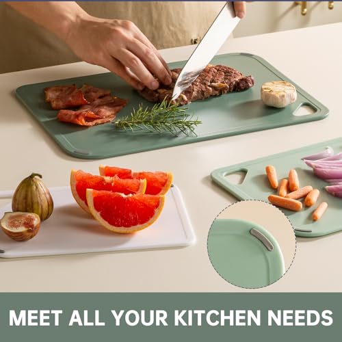 Plastic Cutting Board Set of 3-Cutting Boards for Kitchen BPA Free, Large-Small Chopping Boards Non-Slip for Cooking Camping Dishwasher Safe, Reversible, with Grip Handle, 15"×10"×0.6" Green