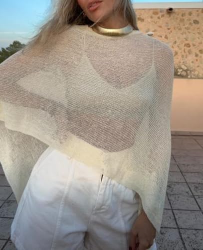 Women Sheer Poncho Top Lightweight Knit Crochet Shrug Bolero Mesh Batwing Sleeve Sweater Cover Up Beachwear