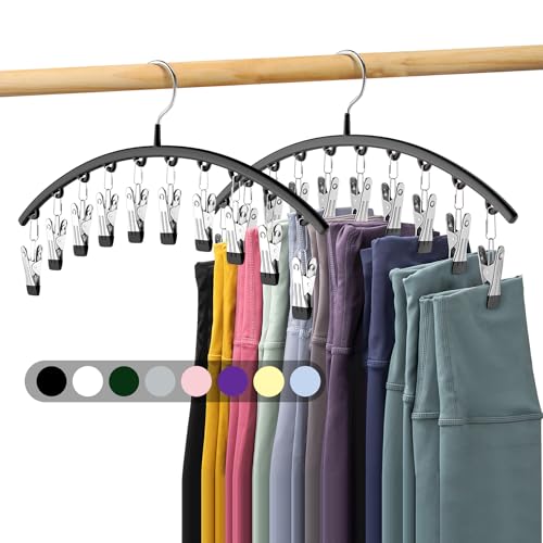 Legging Organizer for Closet, Metal Yoga Pants Hangers 2 Pack w/10 Clips Holds 20 Leggings, Space Saving Hanging Closet Organizer w/Rubber Coated Closet Organizers and Storage, Black