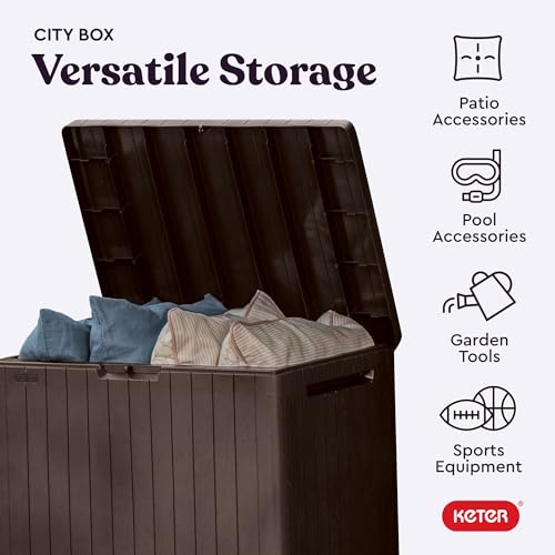 Keter City 30 Gallon Resin Outdoor Storage Box and Patio Furniture Side Table for Pool and Garden Accessories, Brown