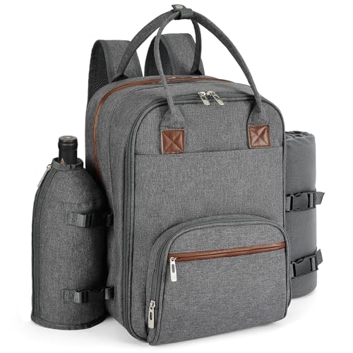 ALLCAMP Picnic Backpack - Insulated Cooler Bag with Compartment, Detachable Wine Glass Holder, Throw Blanket & Cutlery Set, 2 Person Picnic Set for Family Outings, Couple Gifts (Gray)