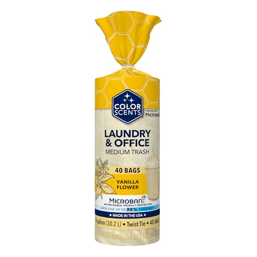 Color Scents Medium Trash Bags - 8 Gallon, 40 Bags (1 Pack of 40 Bags) Twist Tie - Cream Color Bag in Vanilla Flower Scent with Microban
