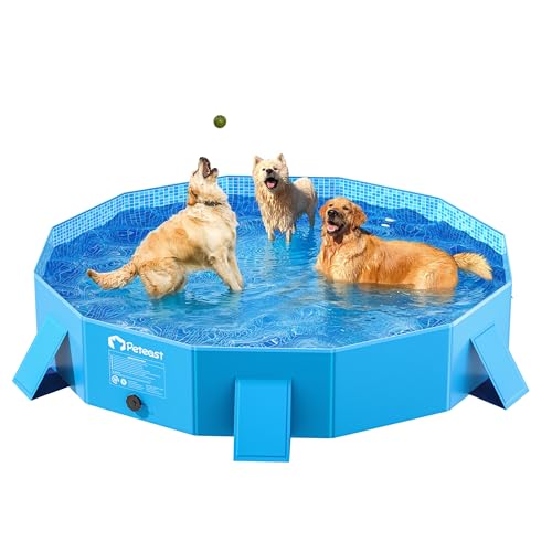 Peteast Foldable Dog Kiddie Pool with Stable Side Support, Hard Plastic Shell Portable Dog Pool, Collapsible Swimming Pools for Pet and Kids, 64 in
