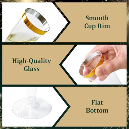 FOCUSLINE 50 Pack Plastic Champagne Flutes, 4.5 Oz Gold Rim Disposable Champagne Glasses for Wine, Cocktails, Mimosas, Disposable Clear Toasting Glasses, Perfect for Parties and Any Celebrations