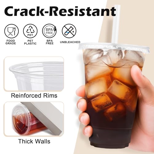 Lamosi 100 Pack 16 oz Clear Plastic Cups with Lids and Straws, Disposable Plastic Coffee Cups with Lids for Iced Coffee, Cold Beverages, Smoothies and To-Go Drinks