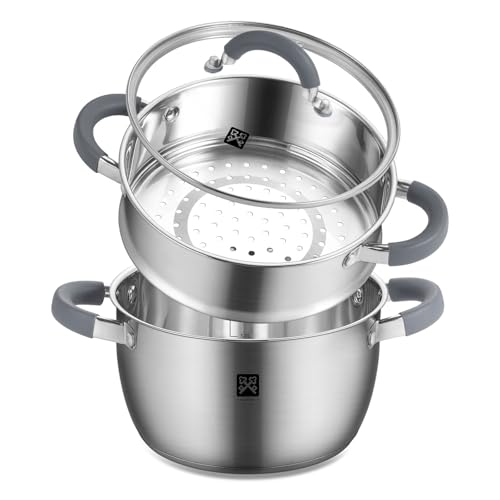 GOLDEN KEY 3.2 QT Steamer Pot With Lid - 2-Tier 18/8 Stainless Steel，Multipurpose Steaming Cookware with Vegetable Steam Basket, Oven & Dishwasher Safe, Triple Bottom for Even Heating, Perfect for Dumplings, Seafood and Vegetables