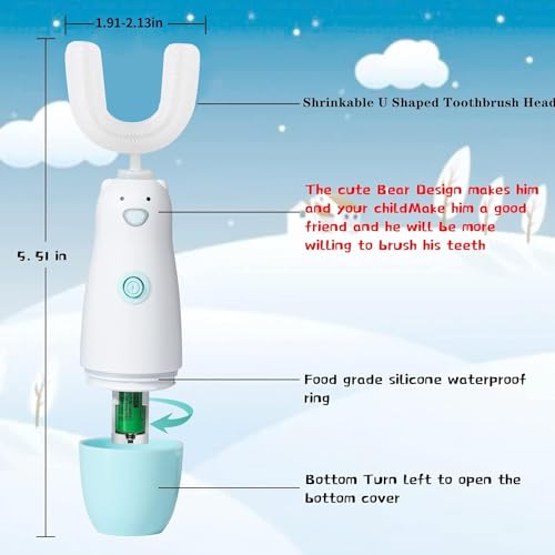 Meqtpomy Kids Electric Toothbrush，Toddler Toothbrush Waterproof Battery Powered 360 Automatic Sonic u Shaped Toothbrushes for 2-7 Years Old for Boys Girls，with 2 Replacement Brush Heads（Blue）