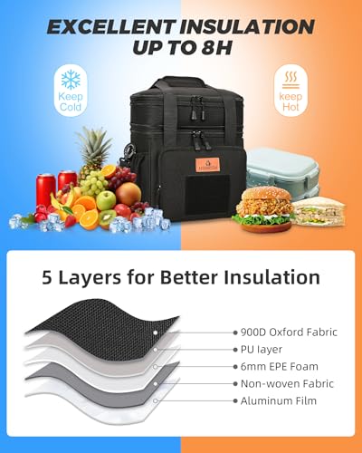 HSHRISH Expandable Large Tactical Lunch Box for Adults, Durable Insulated Lunch Bag with Shoulder Strap, Soft Cooler Bag for Men Work Outdoor Picnic Trips, 20 Can/16 L, Black