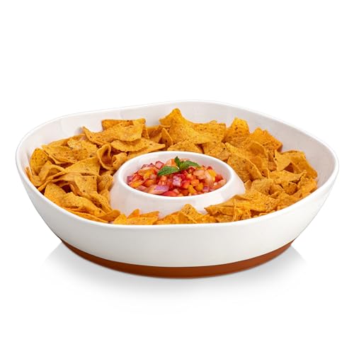 MALACASA Ceramic Chips and Dip Serving Tray, 12 Inch Large Divided Bowls Set for Salsa, Veggies & Dip, Appetizers, Snacks, Free-Form Serving Dish Platter for Parties Hosting & Entertaining, White