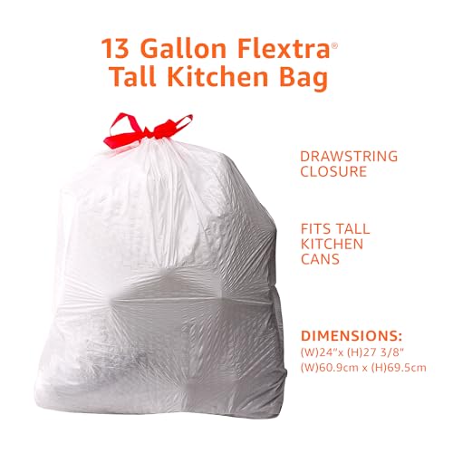 Basics 13 Gallon Tall Kitchen Drawstring Trash Bags, Flextra Strength, Clean Fresh Scent, Tear Resistant, 10% Post-Consumer Recycled Content, 50 Count