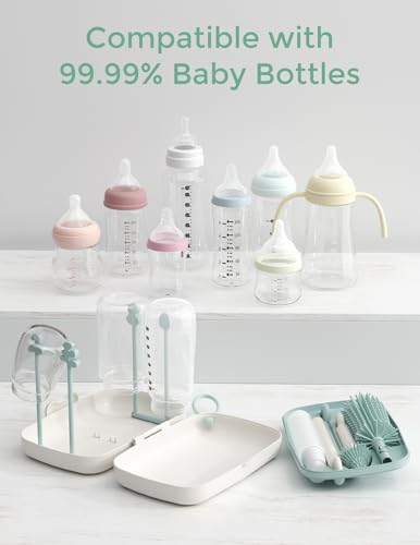 Momcozy Bottle Brush Set - Baby Bottle Cleaner Kit with Silicone Brush, Nipple Brush, Straw Brush, Soap Dispenser, Drying Rack - 7 in 1 Bottle Cleaning Tool for Home and Travel, Green