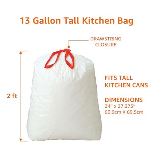 Basics 13 Gallon Tall Kitchen Drawstring Trash Bags, Unscented, 10% Post Consumer Recycled, 120 Count, White