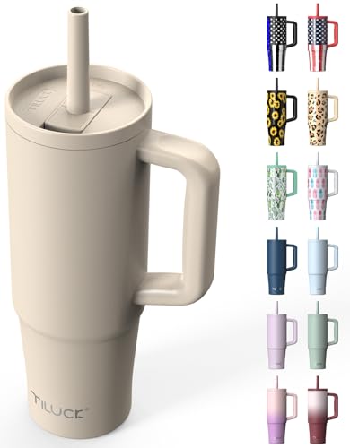 TILUCK 30 oz Tumbler with Handle, Vacuum Insulated Stainless Steel Travel Mug with 100% Leak-Proof Silicone Straw Lid, Cupholder Friendly Water Bottle(MistyGray, 30oz)