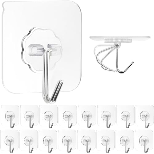 ZESLMG Adhesive Wall Hooks for Hanging, 16 Pack Self Sticky Hooks Heavy Duty 22lb Clear, Removable Shower Hook No Damage for Towel Key Coat Wreath Picture Outdoor Ceiling Bathroom Kitchen, Waterproof