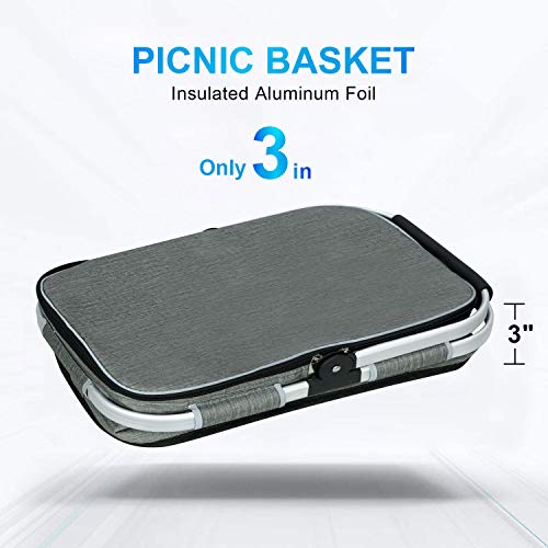 LIQING 35L Large Picnic Basket 2 Layers of Internal Pockets Leak-Proof and Insulated ，Folding with Internal Support for enhansed Stability, Wedding Gifts for Couple(Grey)