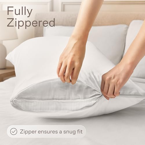 Ultra Soft Pillow Protectors with Zipper Standard Size - Set of 4 Breathable Pillow Covers - 100% Protection Against Stains, Dust & Dirt - Machine Washable (White)