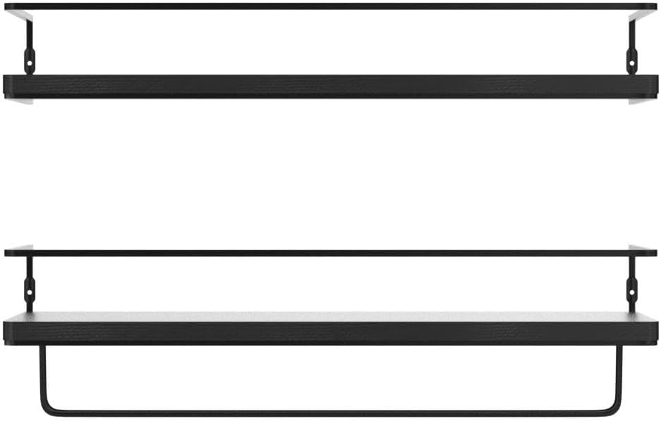 ZGO Floating Shelves for Wall Set of 2, Wall Mounted Storage Shelves with Black Metal Frame and Towel Rack for Bathroom, Bedroom, Living Room, Kitchen, Office (Black)