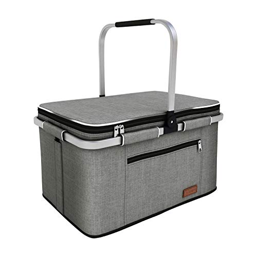 LIQING 35L Large Picnic Basket 2 Layers of Internal Pockets Leak-Proof and Insulated ，Folding with Internal Support for enhansed Stability, Wedding Gifts for Couple(Grey)